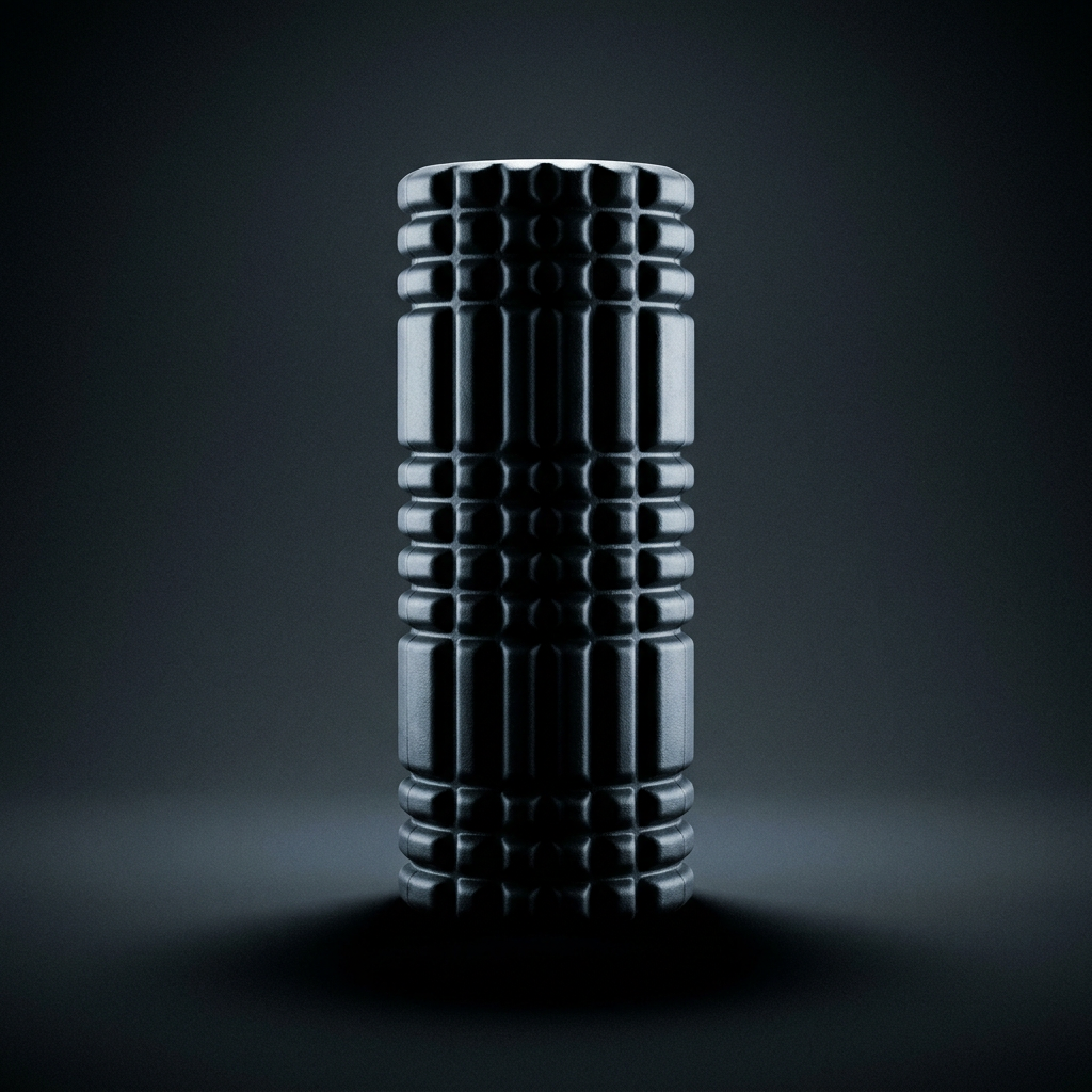 Matte black TruForm high-density foam roller on a charcoal background with hard side light across the textured surface